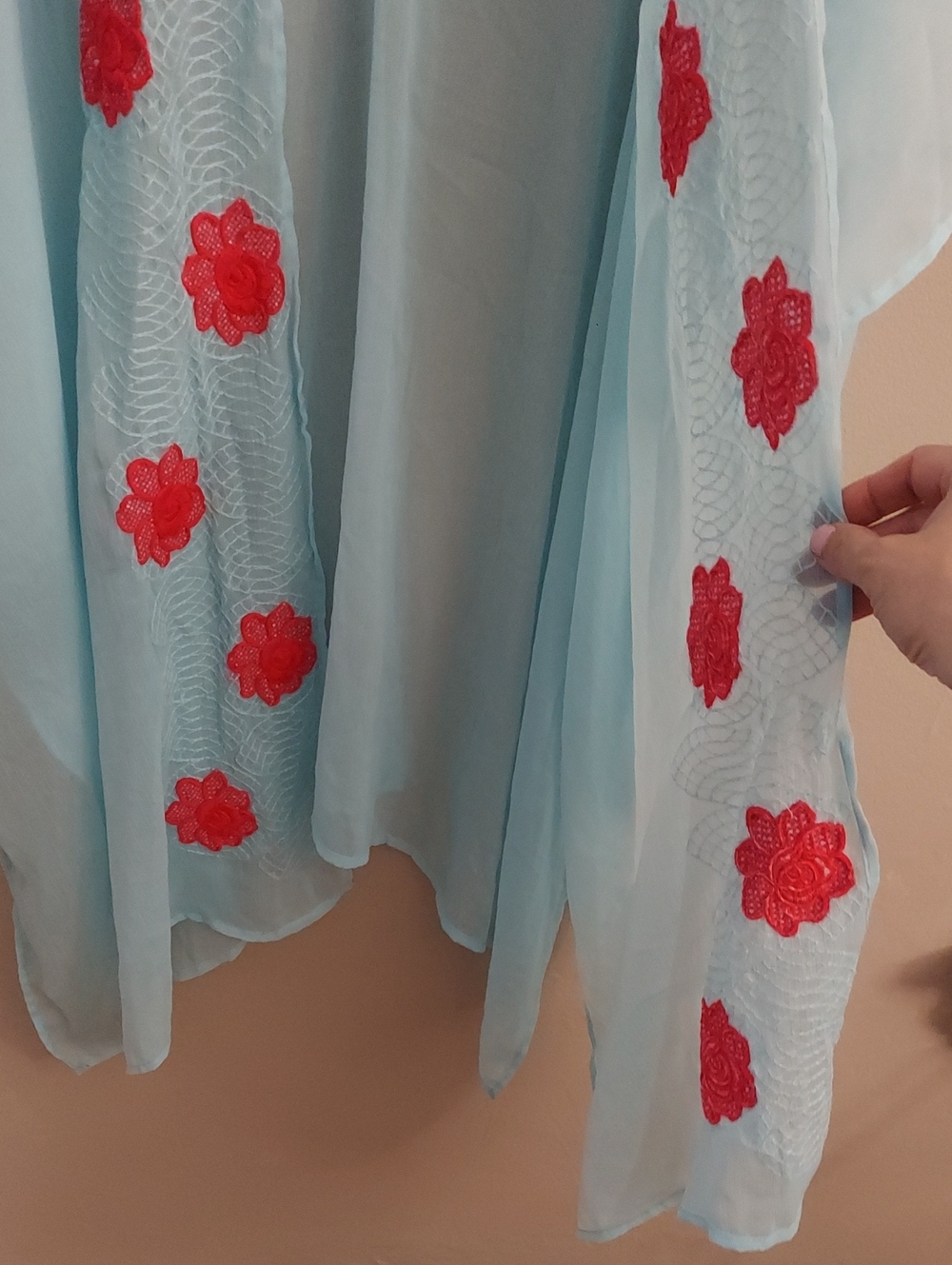 Betsey Johnson Light Blue Sheer Chiffon Kimono Cardigan Pink Floral Applique OS - Picture 7 of 12